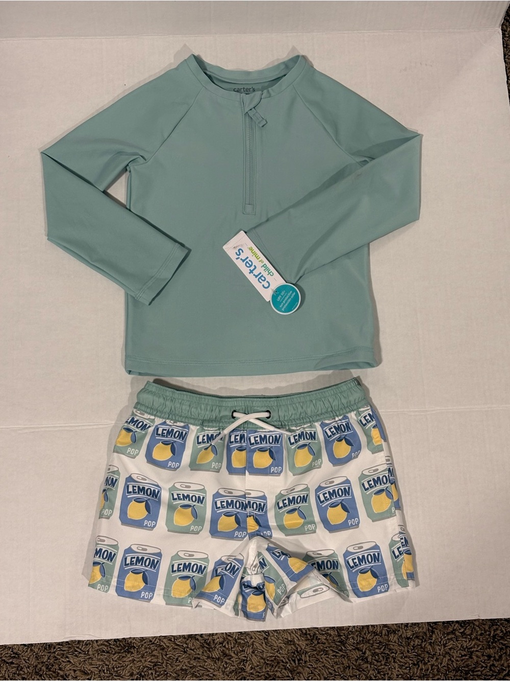 Carter's Mint Long-Sleeve Rash Guard with Lemon Pop Swim Shorts